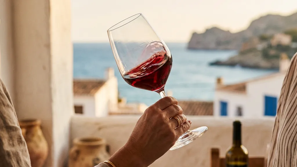 A glass of red wine swirled on a terrace above the sea